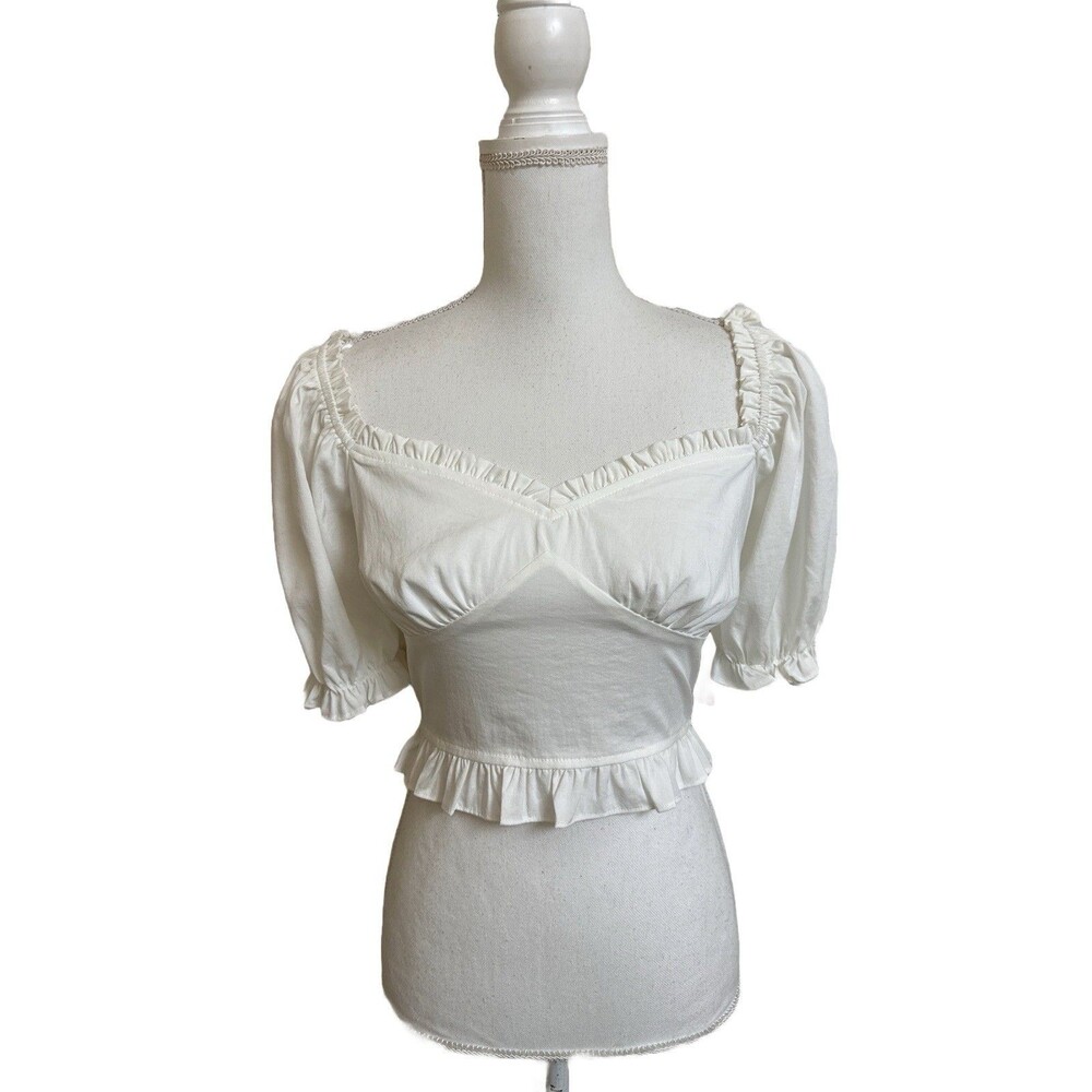 NWT Altar'd State Women's M White Crop Blouse Short Sleeves Puffy Sleeves Boho
